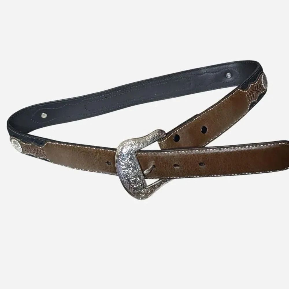 Nocona Mens Leather Western Belt Size 32 (S) Brown Black Southwest Silver Buckle